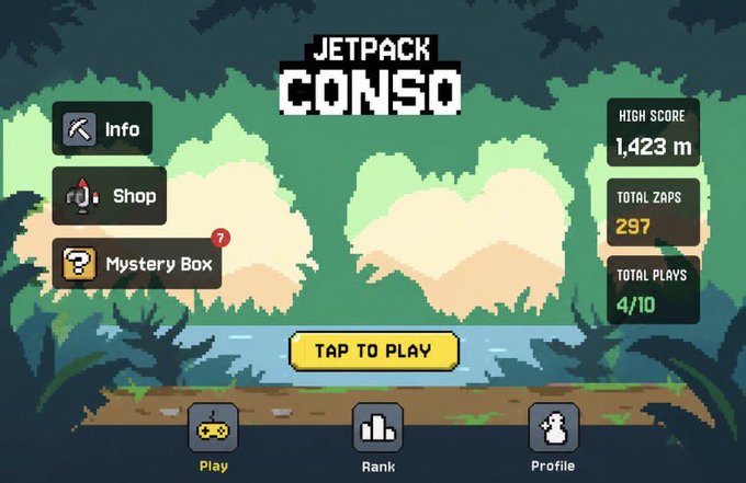 Main menu screen of the mobile game 'Jetpack Conso' showing a 'Tap to Play' button, a high score of 1,423 m, 297 total zaps, and menu options like Info, Shop, and Mystery Box.