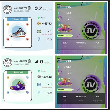 Screenshots of a Pokemon GO-style game showing player profile stats, with 'user_4320092' and speed scores of '0.7' and '4.0' displayed.