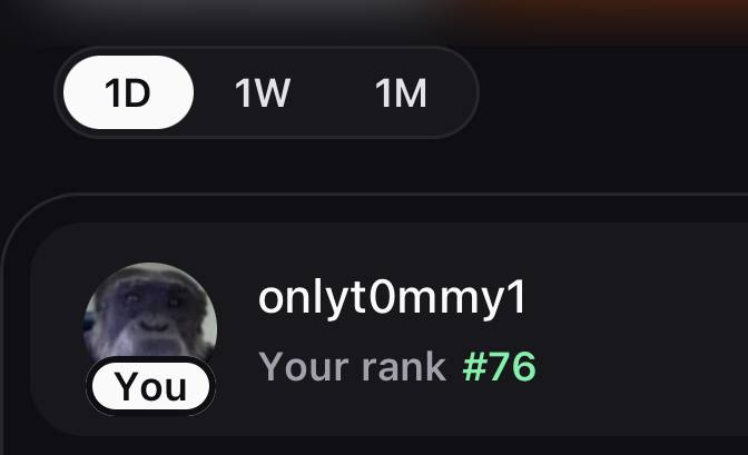 A dark-mode leaderboard snippet showing the user 'onlyt0mmy1' at rank #76, with time filters for 1D, 1W, and 1M displayed at the top.