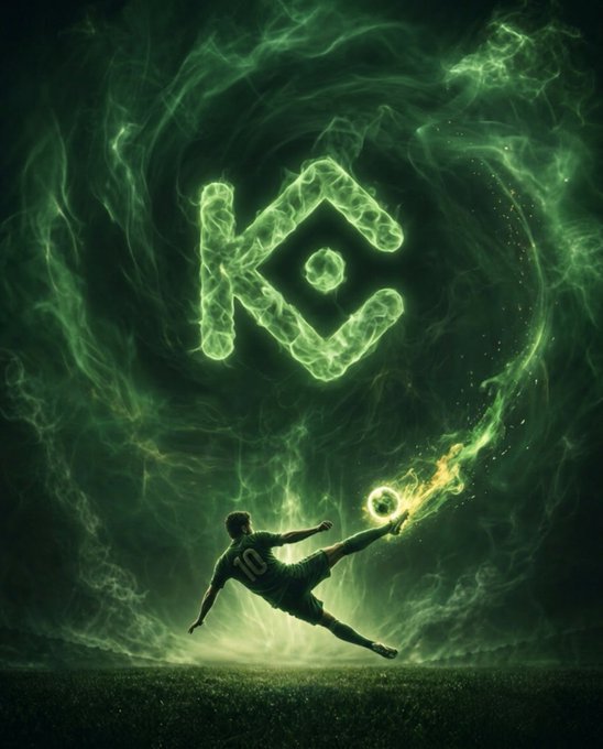 A soccer player wearing a jersey marked "10" executes a powerful bicycle kick as a flaming ball rockets toward the goal, with the letters "KC" engulfed in swirling green fire forming a vortex in the sky above.

The image embodies the post's message of unstoppable force—a flame-trail ball soaring past an imaginary goalkeeper, while "KC" blazes defiantly in the heavens like a permanent mark.