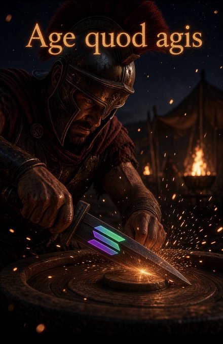 A dramatic image of a Roman-style soldier sharpening a sword on a grindstone with sparks flying, featuring the Solana symbol on the blade and the Latin phrase 'Age quod agis' at the top.