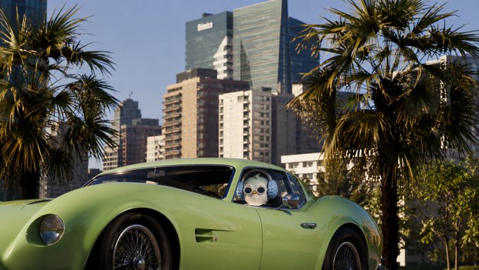 A green vintage sports car with a panda plush toy in the driver's seat, parked with a city skyline and palm trees in the background.