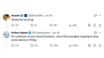 A screenshot of two tweets from June 18, where user "Ansem" (@blknoiz06) asks "whats the word og" and "Arthur Hayes" (@CryptoHayes) replies with "It's a shitcoin in your hood of solana, one of the youngins is going to drop some alpha on Friday," referencing his 222K view tweet in a sarcastic tone matching the meme's depiction of him shilling coins.
