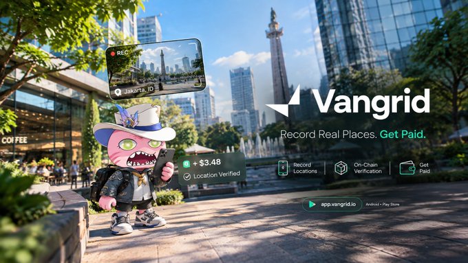 A promotional banner for 'Vangrid' features a cartoon character in a top hat standing in an urban plaza, advertising an app to 'Record Real Places. Get Paid' with '+ $3.48' and 'Location Verified' displayed, available on Android and Play Store.