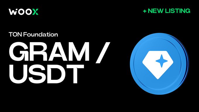A promotional graphic for WOO X announcing a new listing of the GRAM/USDT trading pair from the TON Foundation, featuring the WOO X logo, a "+ NEW LISTING" banner, and a stylized blue TON coin icon against a black background.