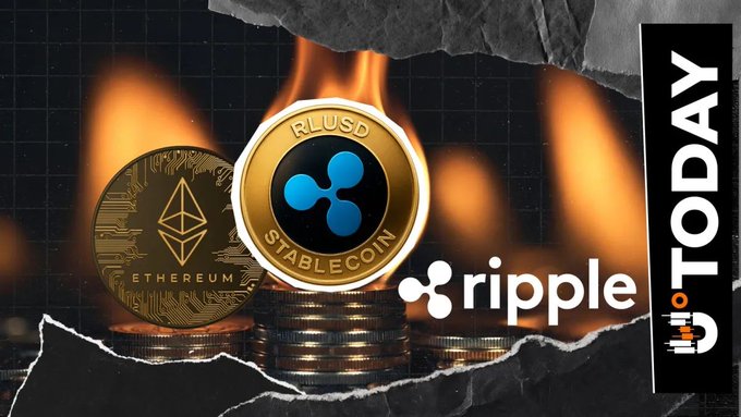 A crypto-themed graphic showing Ethereum, Ripple (XRP), and RLUSD Stablecoin coins amid flames, with a 'U.TODAY' logo in the corner.