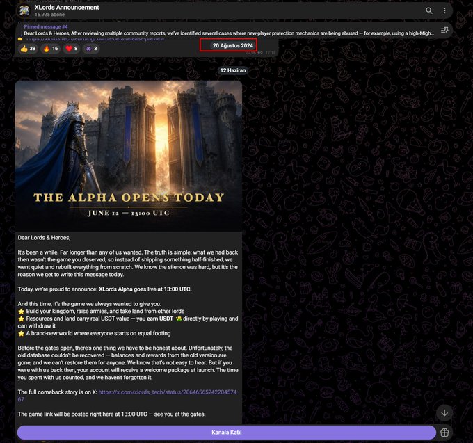 A Discord announcement from 'XLords' dated '20 Augusta 2024' titled 'THE ALPHA OPENS TODAY' for the game XLords, detailing gameplay features like kingdom building and resources.