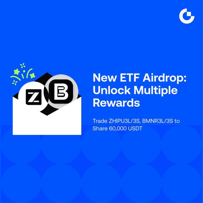 A promotional graphic on a blue background announces "New ETF Airdrop: Unlock Multiple Rewards" featuring an envelope illustration with Z and B logos, promoting the trading of ZHIPU3L/3S and BMNR3L/3S ETFs to share a 60,000 USDT prize pool, as detailed in the accompanying post.