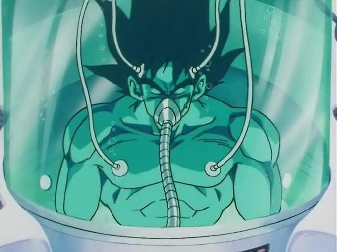 This animated image depicts a muscular anime character (appearing to be Goku in a healing tank) submerged in green liquid with a breathing apparatus over his face, connected to tubes and electrodes—suggesting regeneration or power-up. The caption pairs with a celebratory "$100 loading…" post, humorously framing the character's intense tank training/recovery scene as a bullish "pump" moment for $hype.