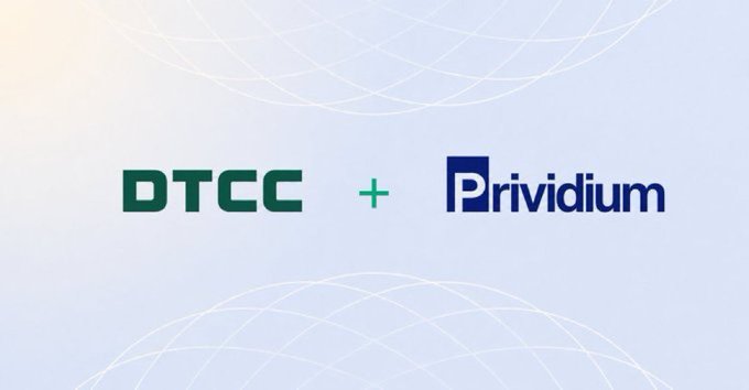 A corporate graphic displays the logos “DTCC + Prividium” on a pale blue background with thin white curved lines.