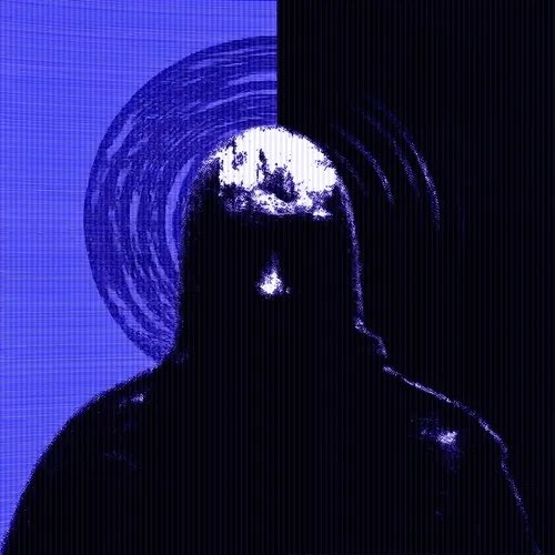 A dark, pixelated portrait of a hooded figure with a glowing, obscured face rendered in blue and purple tones, resembling AI-generated art.