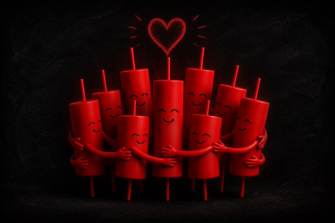 A 3D-rendered image of several red, cylindrical characters with smiling faces hugging each other in a group, with a glowing red heart drawn in chalk above them against a black background.