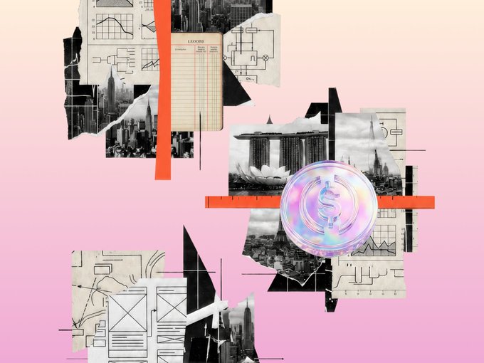 A stylized collage features torn paper fragments showing cityscapes, technical diagrams, and an "LEDGER" notebook, centered around a glowing purple dollar sign coin. The image visually represents the financial infrastructure, ledgers, and cross-border elements behind USDC payments and on/off-ramping discussed in the post.