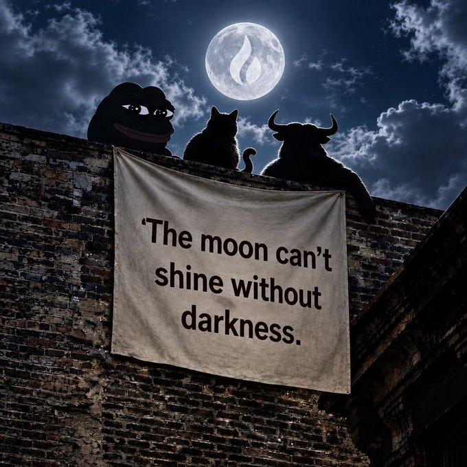 A nighttime scene featuring silhouettes of a poop emoji, a cat, and a horned bull perched on a brick wall, looking up at a full moon with a flame logo superimposed on it; a banner below reads "The moon can't shine without darkness."