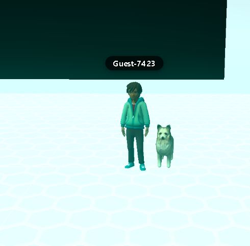 A 3D avatar of a person in a teal hoodie standing next to a fluffy white dog on a hexagonal tiled floor, with the username 'Guest-7423' displayed above.