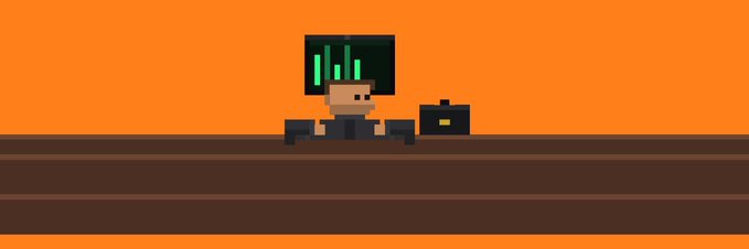 A pixel-art character with green glowing eyes stands behind a brown desk with a black briefcase beside them, set against an orange background. The image appears to represent an NFT project called "BrokersDesk," with the pixelated broker figure symbolizing the trading/WL spot themes mentioned in the promotional post.