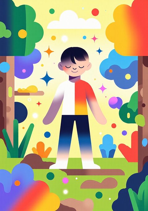 A vibrant, colorful illustration features a person with closed eyes and a gentle smile, wearing a gradient-colored outfit, surrounded by stylized trees, clouds, and stars.