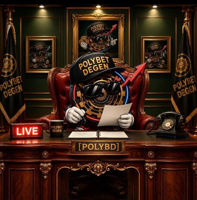 An anthropomorphic coin character wearing a 'POLYBET DEGEN' cap and sunglasses, sitting at an ornate desk with a 'LIVE' sign and various 'POLYBD'/'POLYBET DEGEN' flags and banners.