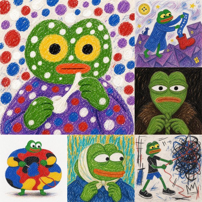 A collage of six colorful drawings depicting Pepe the Frog in various artistic styles and scenarios, including knitting, a cityscape, and wearing a life preserver.