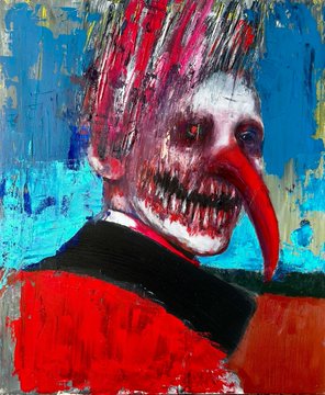A grotesque oil painting-style portrait of a pale, disturbing figure with sharp teeth and a long red tongue, wearing a red jacket against a textured blue background.