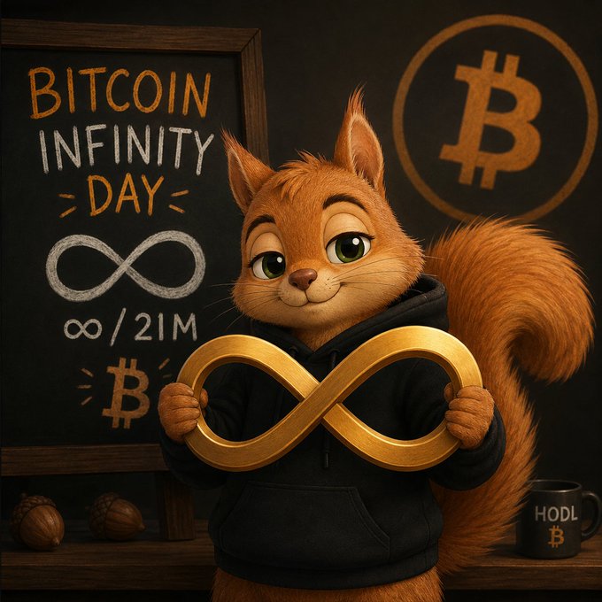 An illustrated squirrel in a hoodie holding a golden infinity symbol, standing in front of a chalkboard that reads 'BITCOIN INFINITY DAY' with additional symbols and a 'HODL' mug nearby.