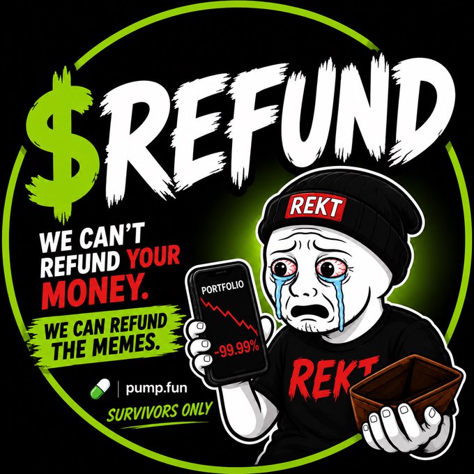 A promotional graphic for pump.fun with a crying Wojak-style 'REKT' character holding a phone showing a -99.99% portfolio, featuring text '$REFUND - WE CAN'T REFUND YOUR MONEY. WE CAN REFUND THE MEMES. SURVIVORS ONLY'.