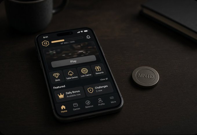 A smartphone displays the MINT app interface showing slots, table games, live casino, rewards, daily bonus, and challenges, next to a coin labeled "MNTD" on a dark wooden surface.