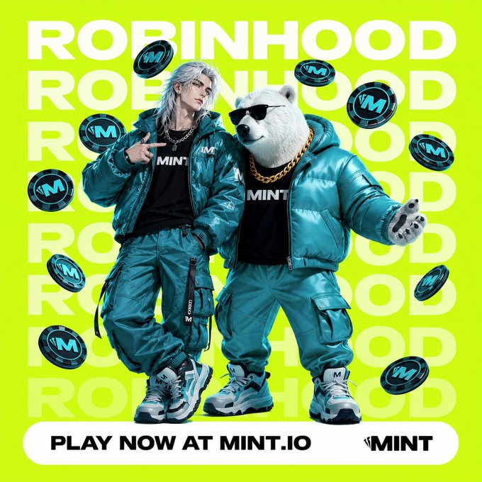 A vibrant advertisement for MINT displaying 'ROBINHOOD' repeated in the background, featuring a character with white hair and a polar bear wearing sunglasses, both in teal jackets, surrounded by MINT coins, with 'PLAY NOW AT MINT.IO' at the bottom.