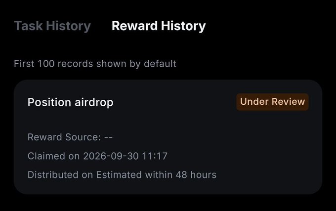 A dark-themed UI screenshot showing a 'Reward History' tab with a 'Position airdrop' entry marked 'Under Review', claimed on 2026-09-30 at 11:17.