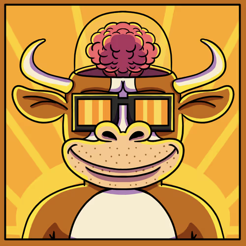 A colorful cartoon illustration shows a smiling cow wearing pixelated orange sunglasses with its brain exposed through an opening in its skull, set against a bright orange sunburst background.