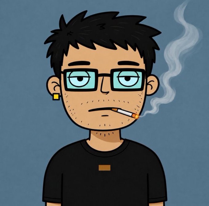 A cartoon illustration of a man with glasses, stubble, and a lit cigarette in his mouth, looking unimpressed, with no visible text—seemingly used as a skeptical or "whatever" reaction meme to the Twitter giveaway post.