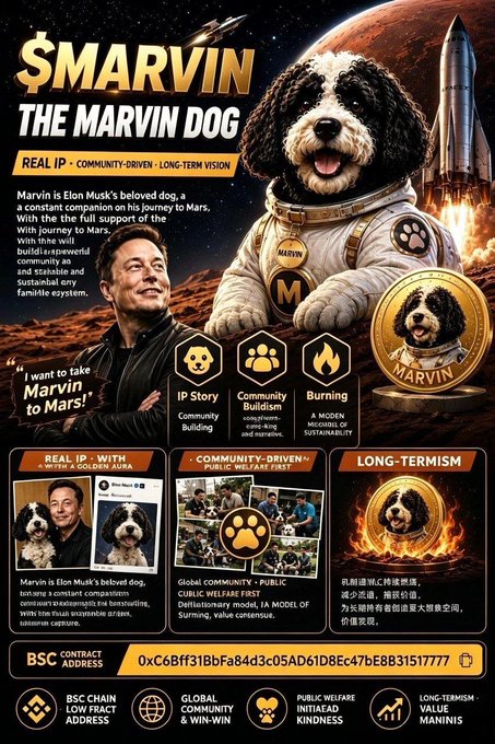 A promotional poster for "$MARVIN - THE MARVIN DOG" features an astronaut-suited dog and Elon Musk, with contract address 0xC6Bff31BbFa84d3c05AD61D8Ec47bE8B31517777 and text like "REAL IP," "COMMUNITY-DRIVEN," and "PLASMA BURNING" highlighting the token's deflationary burn plan to reduce supply to 100 million tokens. The post elaborates on this buyback-and-burn strategy from the Marvin project on Binance Chain.