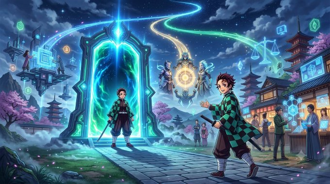 The image depicts a vibrant anime-style scene where a swordsman in a green checkered coat steps through a glowing portal, bridging a mystical realm with a traditional Japanese village, symbolizing the transition between innovation and community. Floating holographic icons representing crypto symbols (Bitcoin, Ethereum) and scales of justice highlight the fusion of technology and culture, aligning with the post's message about choosing to guide others through new technological frontiers rather than simply building them.