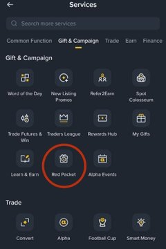 A screenshot of a mobile app's "Services" menu showing various options under Gift & Campaign, with "Red Packet" circled in red to highlight the feature referenced in the post about dropping a redpacket.
