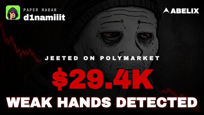 An 'Abelix' Paper Radar alert showing user 'd1namiliit' was 'JEETED ON POLYMARKET' for $29.4K, noting 'WEAK HANDS DETECTED'.