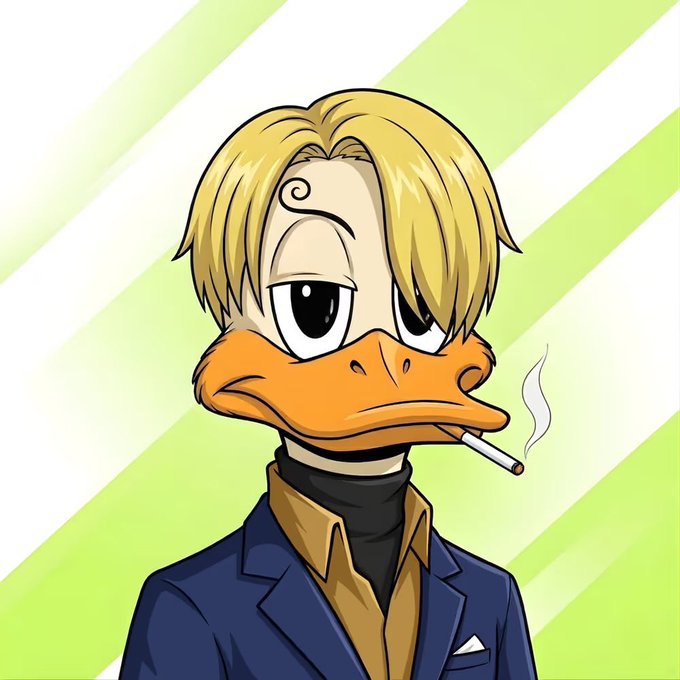 The image features a cartoon duck wearing a suit, holding a cigarette in its beak. The duck appears to be smoking while standing against a green background with white stripes. The caption of the image reads "It's Saturday let's get our Quack on The @headuck_avax are on the move". This suggests that the duck is dressed up for a special occasion or event, possibly a party or gathering where people are encouraged to dress up and have fun.