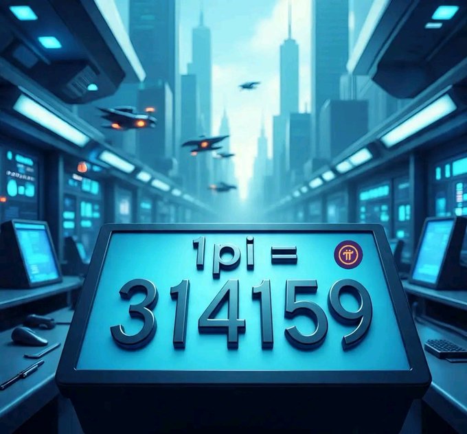 The image features a blue sign with the numbers "1 Pi = 3.141559" written on it, which indicates that the value of Pi can be calculated using this formula. The sign is located near a computer desk or workstation, suggesting that the image might be related to technology or scientific calculations.