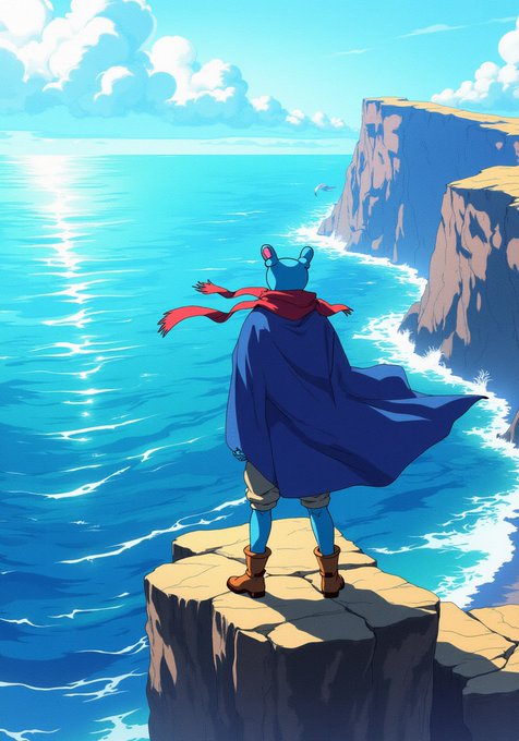 A cartoon illustration of a frog, dressed as Spiderman, standing on a cliff overlooking the ocean with his cape blowing in the wind. The background features a blue sky, clouds, and water that adds depth to the scene. The caption on the image reads "Day 31 posting $BRETT until we reach $10B @BasedBrett 0x532f27101965dd16442e59d40670faf5ebb142e4".