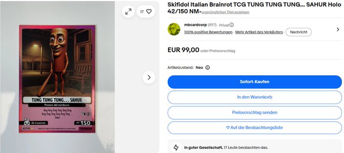 A screenshot of a webpage where a cartoon character resembling Skrilift Italian BrainrotTCG Tung Tung Sahur TCG card is being sold for 49.90€. The pricing details show that this product is offered at half-price, making it an attractive deal compared to the current retail prices. The post also mentions that the card is described as "cheap" and "low cost", emphasizing how affordable this purchase could be for those looking to acquire a brain rot Charizard TCG card.