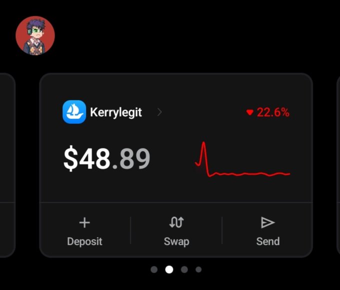 A crypto wallet interface showing a token called 'Kerrylegit' with a price of $48.89, a 22.6% decline (red heart icon), and a price chart, with options for Deposit, Swap, and Send.