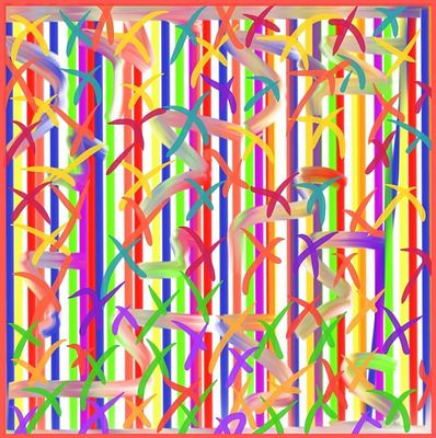 A vibrant abstract digital artwork featuring a dense arrangement of colorful vertical stripes in shades of blue, purple, pink, green, yellow, and orange, overlaid with curved, ribbon-like shapes that create a sense of dynamic movement. The piece, titled "Happiness," reflects the joyful sentiment of the post celebrating its acquisition as a limited edition NFT on the objkt.com platform.