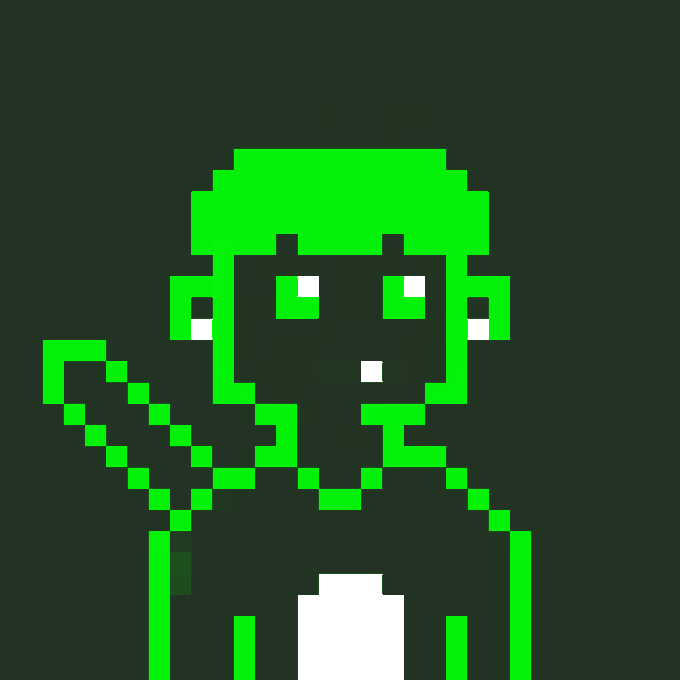 A pixel art green alien character with large white eyes against a black background, likely serving as the mascot or avatar for the Arc Terminals NFT project being promoted in the post.