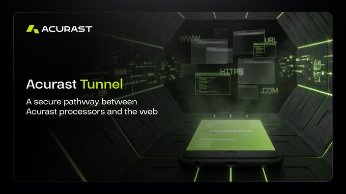 The image shows an electronic device with a green screen, possibly a smartphone or tablet, placed inside a dark room. The device appears to be connected to the Acurast Tunnel, which allows for direct access between processors and the internet. This technology enables users to create secure connections that can be used for various purposes such as accessing services on a web domain, connecting to remote terminals in real-time, or even transferring data securely between devices. The image also includes text that provides information about this technology, including its benefits and how it works.