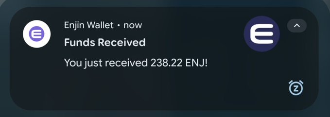 A smartphone notification from Enjin Wallet displays the message 'Funds Received' and 'You just received 238.22 ENJ!'.