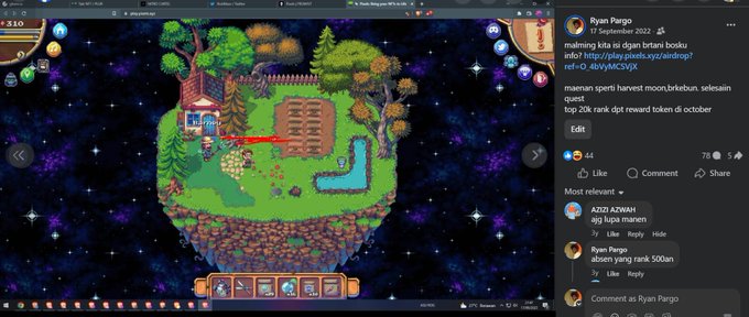 A Facebook screenshot showing a game interface (appears to be Hay Day or similar farming game) shared by Ryan Fargo on September 17, 2022, asking for harvest moon.btc referrals with a comment mentioning 500un rank.