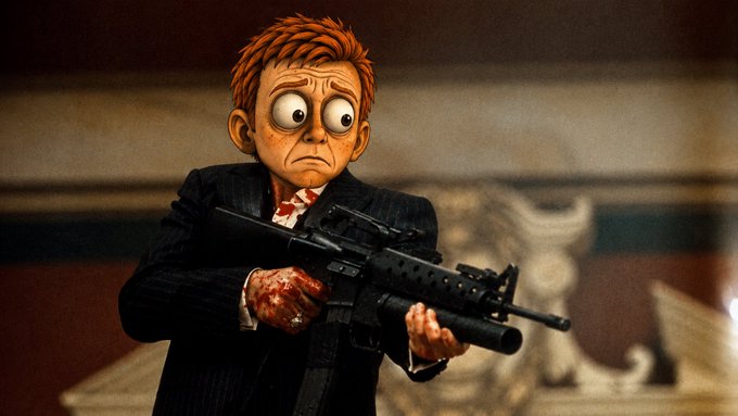 A blood-splattered puppet in a suit grips an assault rifle with a wide-eyed, determined glare, channeling a chaotic blend of anger and desperation. The menacing imagery pairs perfectly with the post's rallying cry for $PTSD, transforming meme-stock trader rage into a visceral, action-movie showdown.