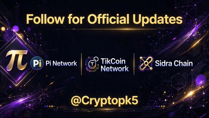 A promotional graphic with text 'Follow for Official Updates' displaying logos for Pi Network, TikCoin Network, and Sidra Chain, along with the handle '@Cryptopk5'.