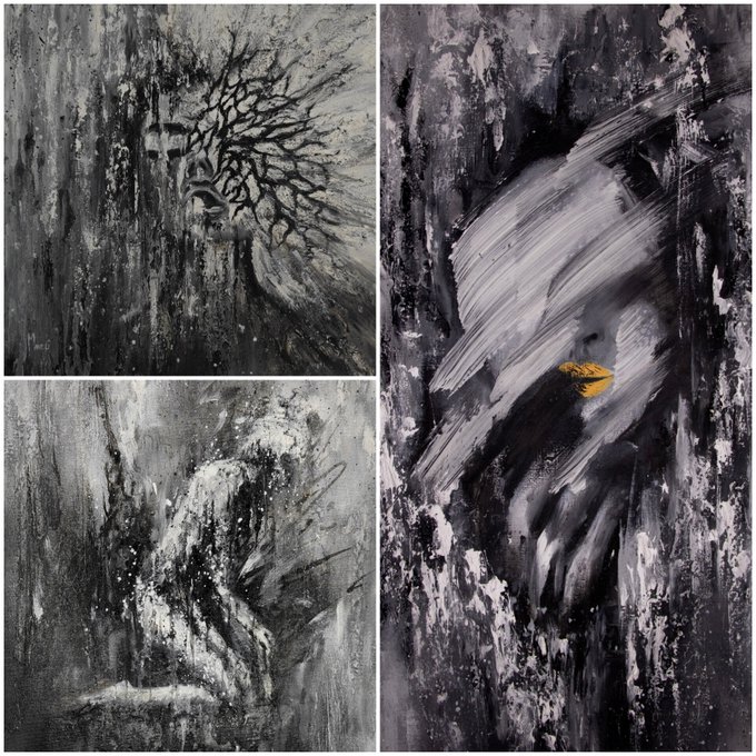 A triptych of black and white paintings showing abstract, dripping textures with a small patch of yellow in the right panel.