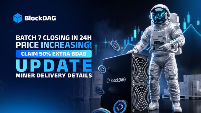 An astronaut stands beside a BlockDAG mining rig as a crypto price chart rises in the background, with bold text announcing "BATCH 7 CLOSING IN 24H PRICE INCREASING!" and a call to "CLAIM 50% EXTRA BDAG" along with miner delivery update details.