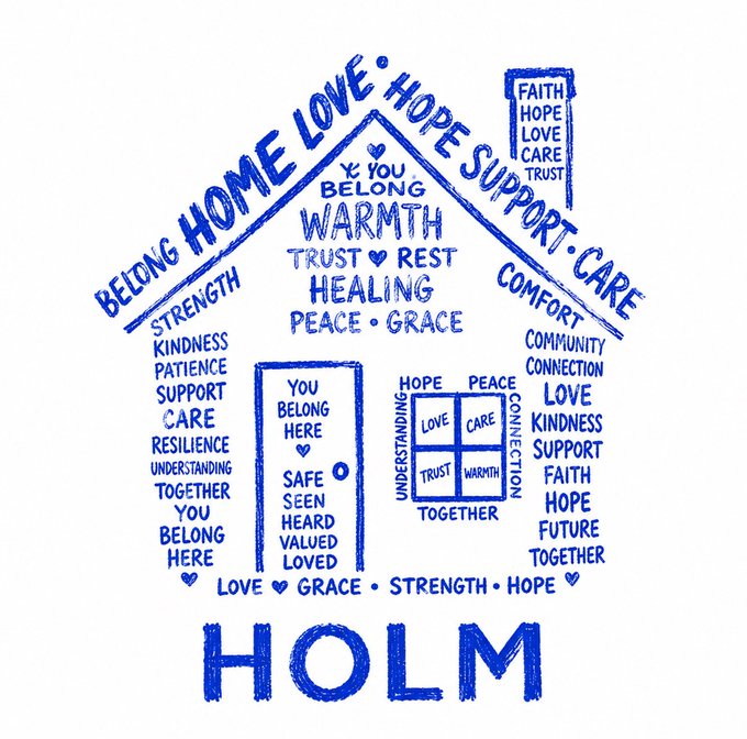 A blue house-shaped word cloud spells out themes of belonging, hope, support, and care, with "HOLM" prominently displayed at the base—visually echoing the post's message that the $HOLM airdrop rewards early believers with a sense of community and conviction.